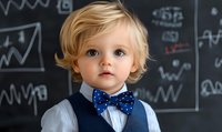 Young Caucasian boy with blonde curly hair wearing blue polka dot bow tie and vest stands against chalkboard with financial graphs, representing future business education.