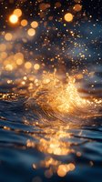 Golden water splash at sunset creates magical bokeh effect against dark blue ocean waves, with sparkling droplets catching warm evening light.