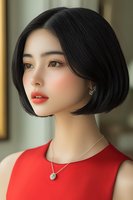 Young Asian woman with short black bob haircut wearing red sleeveless dress and silver necklace. Natural makeup with coral lips and rosy cheeks against soft background.