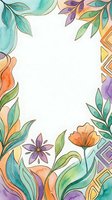Watercolor floral frame with colorful leaves, flowers, and geometric accents in teal, orange, and purple tones, with white copy space center.