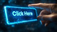 Glowing blue neon click here button with human finger pointing at interactive digital interface, modern technology concept on dark background.