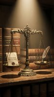 Ornate brass scales of justice with consumer protection document on wooden desk surrounded by legal books under dramatic spotlight for law office decor.