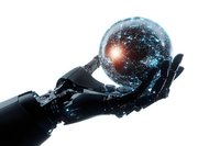 Robotic hand holding glowing digital sphere with network connections and bright light effect against white background, futuristic artificial intelligence concept.
