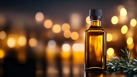 Glass bottle with golden liquid against blurred warm bokeh lights and fresh rosemary sprig, creating luxurious mood for wellness, spa, or aromatherapy designs.