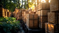 Wooden beehives in apiary during golden sunset light, with green foliage and bokeh effect creating atmospheric mood for nature and beekeeping concept.