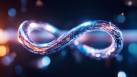 Glowing infinity symbol with blue and orange light trails flowing through digital space, representing endless possibilities and continuous innovation for technology concepts.