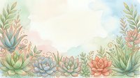 Soft watercolor succulents and botanical plants frame a pastel background with copy space for text or design projects.