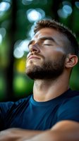 Young Caucasian man with beard meditating outdoors with eyes closed against blurred bokeh nature background. Peaceful expression shows mindfulness and relaxation.