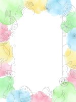 Easter watercolor frame with bunny rabbits, decorated eggs and spring flowers on white background for greeting cards and seasonal designs.