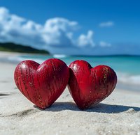 Red wooden hearts on white sand beach against turquoise ocean water and blue sky with fluffy clouds, romantic vacation concept for valentines day or honeymoon.