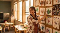 Young female teacher with glasses displaying colorful children's handprint artwork on classroom wall during golden hour sunlight.