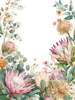Delicate watercolor protea flowers and eucalyptus leaves arrangement in soft pink and sage green tones on white background, suitable for wedding stationery and home decor.