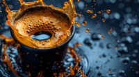 Dynamic coffee splash crown formation with droplets frozen in motion against dark background, dramatic liquid photography capturing rich brown tones and intricate details.