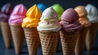 Colorful ice cream scoops in waffle cones arranged in row with selective focus. Variety of flavors including vanilla, chocolate, strawberry and mango topped with sprinkles.