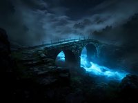 Arched stone bridge spanning glowing blue water beneath dramatic stormy sky, suitable for fantasy, sci-fi, and dark atmospheric design projects.