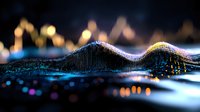 Glowing digital wave visualization with colorful bokeh lights against dark background creates futuristic data landscape for technology and finance concepts.