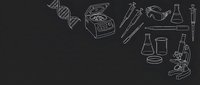 Hand-drawn white chalk science lab equipment on dark background with copy space, including microscope, DNA, centrifuge, flasks for education design.