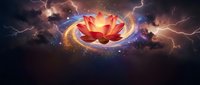 Glowing lotus flower floating in cosmic storm with lightning bolts and starry nebula background for spiritual meditation and energy healing concepts.