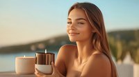 Young Caucasian woman with natural makeup and bare shoulders relaxing at sunset with aromatic candles, enjoying peaceful moment at luxury spa resort by water.