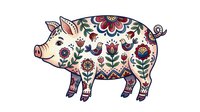 Decorative pig with folk art floral patterns in traditional style, isolated on white background for design, clipart, and merchandise applications.