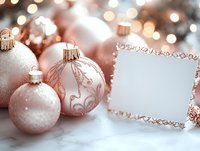 Rose gold Christmas baubles and blank greeting card with ornate frame on white background with soft bokeh lights and festive decorations.