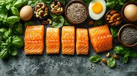 Fresh raw salmon fillets with healthy ingredients including chia seeds, nuts, eggs, and fresh basil leaves arranged on dark stone background.