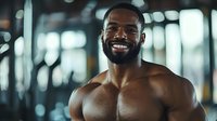Confident African American male athlete with muscular build smiling in gym environment with blurred fitness equipment background.