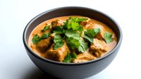 Creamy butter chicken curry with tender meat pieces garnished with fresh cilantro leaves served in black ceramic bowl on white background, traditional Indian cuisine.