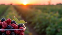 Fresh mixed berries in container at sunrise over agricultural field with warm golden light creating peaceful farming landscape for healthy eating concepts.