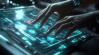 Hands typing on futuristic glowing cyan interface with digital elements and holographic displays, dramatic lighting creates cyberpunk atmosphere for technology concept.