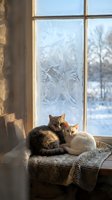 Two cats resting on knitted blanket by frost-covered window with snowy winter landscape visible outside, cozy indoor scene.