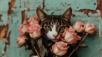Adorable tabby and white kitten surrounded by soft pink roses against vintage turquoise background for romantic pet photography and floral design projects.