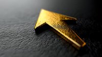 Golden metallic arrow pointing upward on dark textured background, dramatic lighting emphasizes growth and success concept for business presentations.