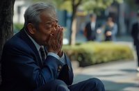 Elderly Asian businessman in suit praying outdoors, expressing deep contemplation with hands pressed together in urban park setting.