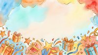 Watercolor celebration border with colorful gift boxes, ribbons, and stars on white background. Isolated design element suitable for greeting cards, invitations, and festive projects.
