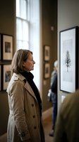 Middle-aged woman in beige trench coat viewing framed artwork in gallery space with natural window light and other visitors in background.