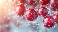 Fresh red cherries with water drops and splashes in soft light, macro photography showing crystal clear droplets on ripe fruit against blurred bokeh background.
