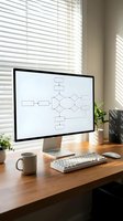 Modern office workspace with computer monitor displaying flowchart diagram on wooden desk near window with natural sunlight and green plants.