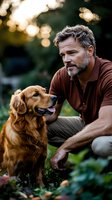 Mature Caucasian man with gray hair and beard bonding with golden retriever dog in garden during sunset. Natural outdoor setting shows companionship and pet care.