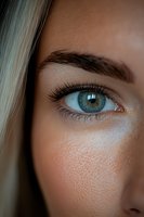 Close-up macro shot of green eye with long eyelashes and defined eyebrow. Blonde hair partially visible. Natural skin texture and freckles shown in detail.
