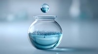 Spherical glass jar with blue liquid and floating water droplet above, creating minimalist science concept for wellness and purity.