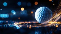 Golf ball with dynamic light trails and bokeh effects on dark background for sports and recreation designs.