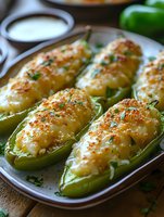 Stuffed poblano peppers filled with cheese and herbs baked until golden, served in ceramic dish with creamy sauce for Mexican cuisine appetizer.