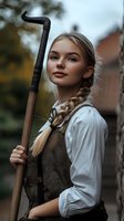 Young woman in historical rural attire with braided blonde hair holds farming tool while wearing white blouse and leather vest, captured in atmospheric outdoor setting.