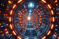 Futuristic circular tunnel with glowing orange and blue lights creating dynamic perspective. Energy portal with technological pattern leads to bright center point.
