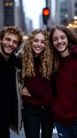 Three happy young adults with curly hair embracing and smiling on urban street with blurred city lights and traffic in background during evening.