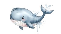 Cute watercolor whale with water splash isolated on white background for nursery decor, children's book illustration and marine themed designs.