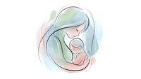 Mother holding newborn baby in tender embrace with soft watercolor style illustration for maternity and parenting themes.