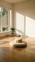 Minimalist meditation room with floor cushions and bonsai tree in natural sunlight streaming through window creating peaceful zen atmosphere for mindfulness practice.