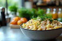 Creamy pasta salad with rotini, diced chicken, fresh herbs and mayonnaise dressing in gray ceramic bowl on kitchen counter, selective focus on foreground.